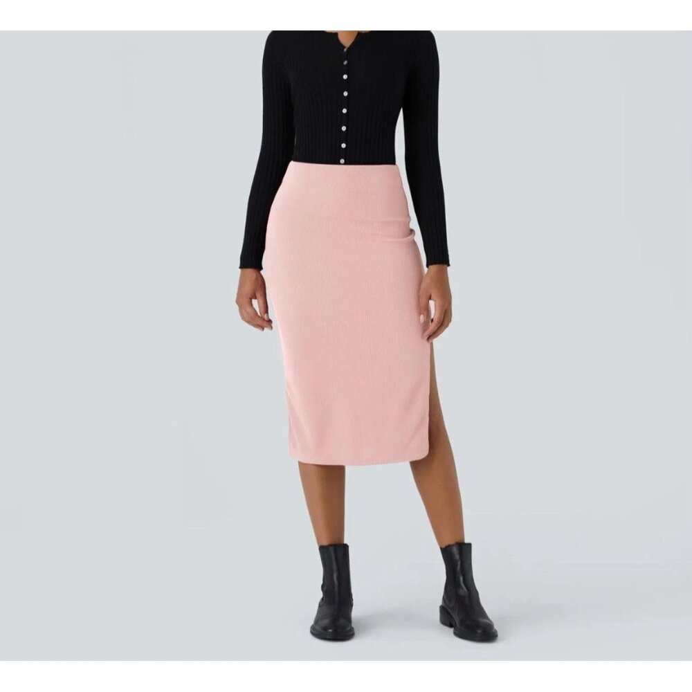 Halara Skirt Women's Medium Pink Ribbed High Waisted Decorative Midi Work NEW 01